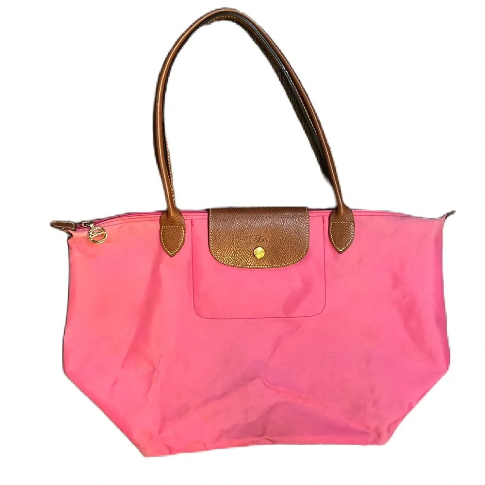 Longchamp Le Pliage Original tote, in pink nylon with brown leather trim. Used - Picture 2 of 14